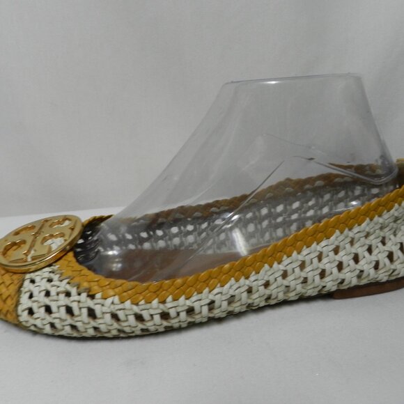 Tory Burch Chelsea Leather Woven Logo flats slides mustard white Size Sz 8.5 - Picture 8 of 13